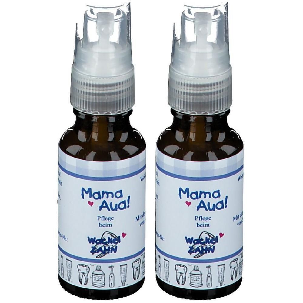 Zwei braune Flaschen mit Sprühkopf. Auf den Etiketten steht "Mama Aua!" und "Wackel Zahn".