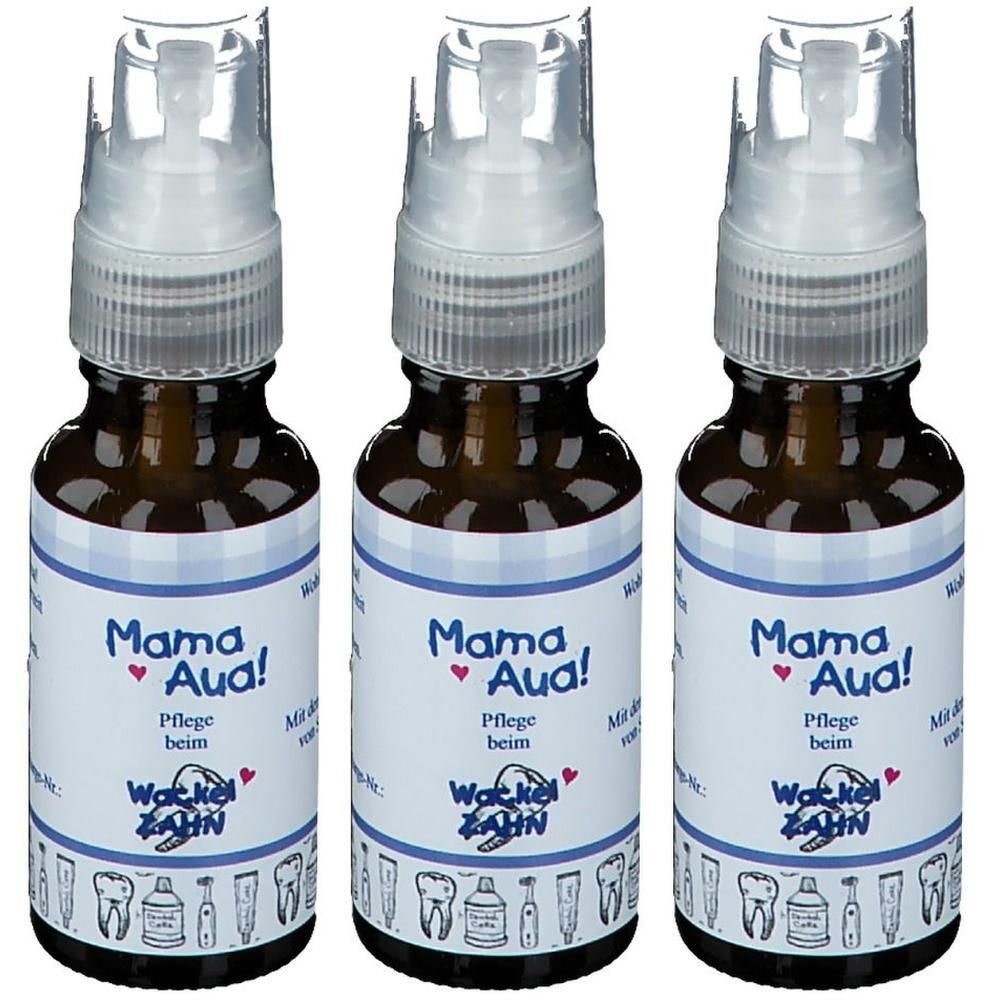 Drei braune Glasflaschen mit Sprühaufsatz. Auf den Etiketten steht "Mama Aua! Pflege beim Wackel Zahn".