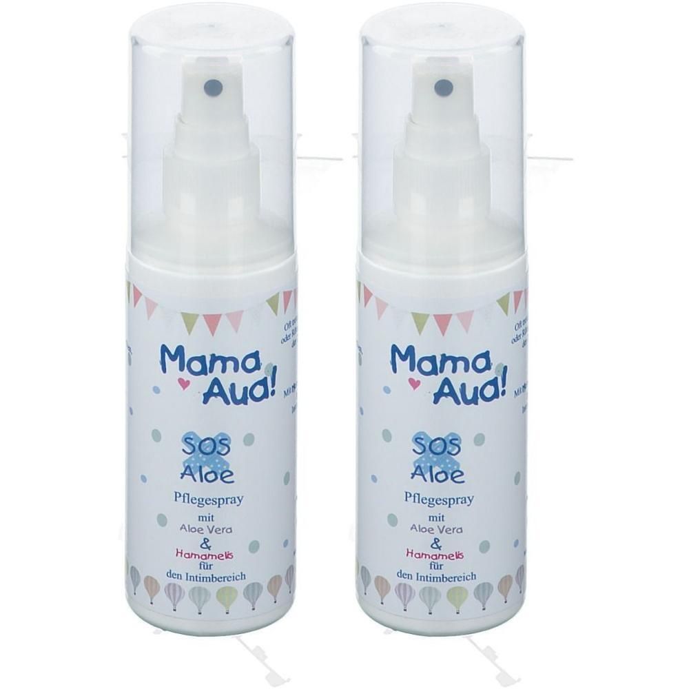 Zwei weiße Sprühflaschen mit transparenten Kappen. Aufschrift: Mama Aua! SOS Aloe Pflegespray mit Aloe Vera & Hamamelis für den Intimbereich.