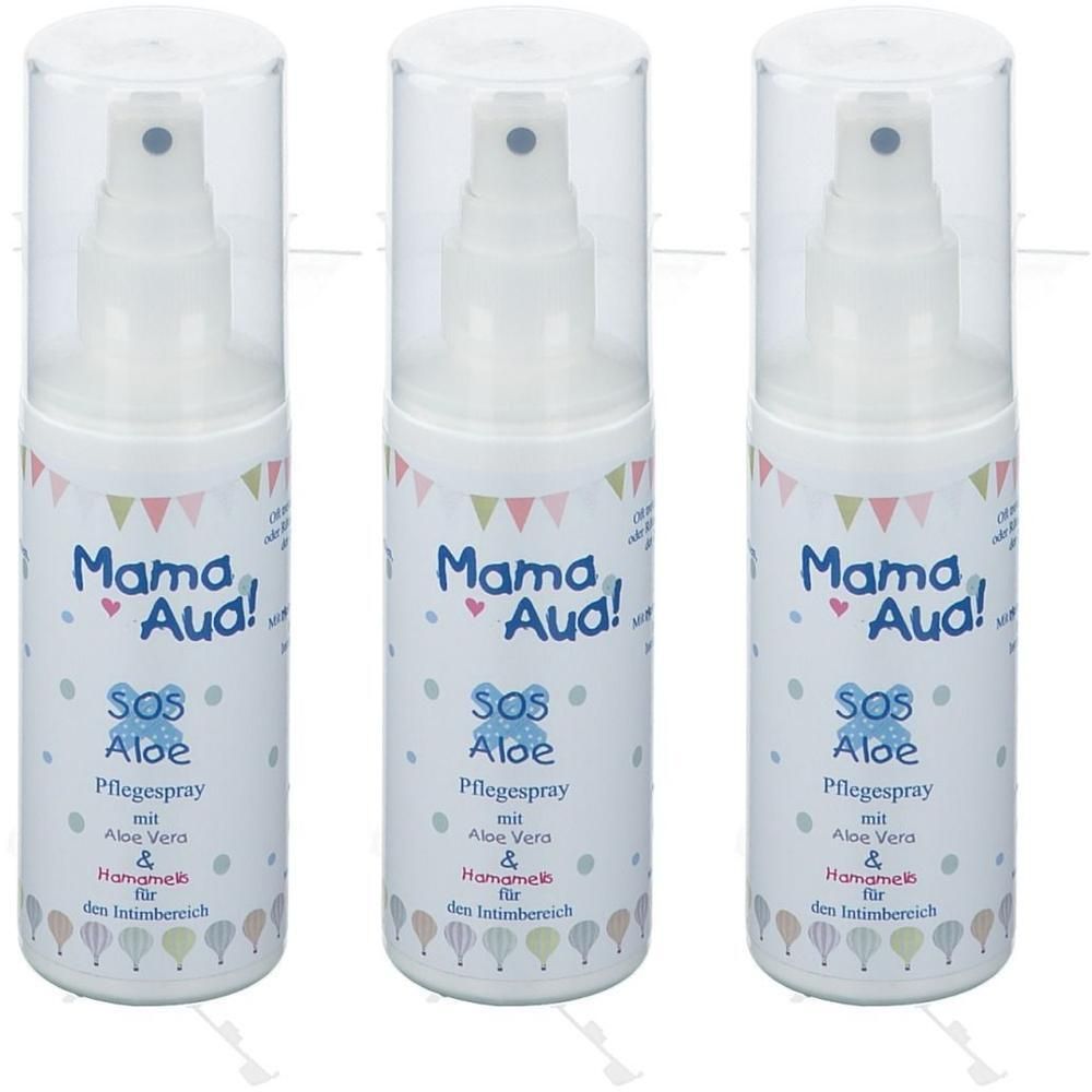 Drei weiße Sprühflaschen mit transparenten Kappen. Auf den Etiketten steht "Mama Aua! SOS Aloe Pflegespray".