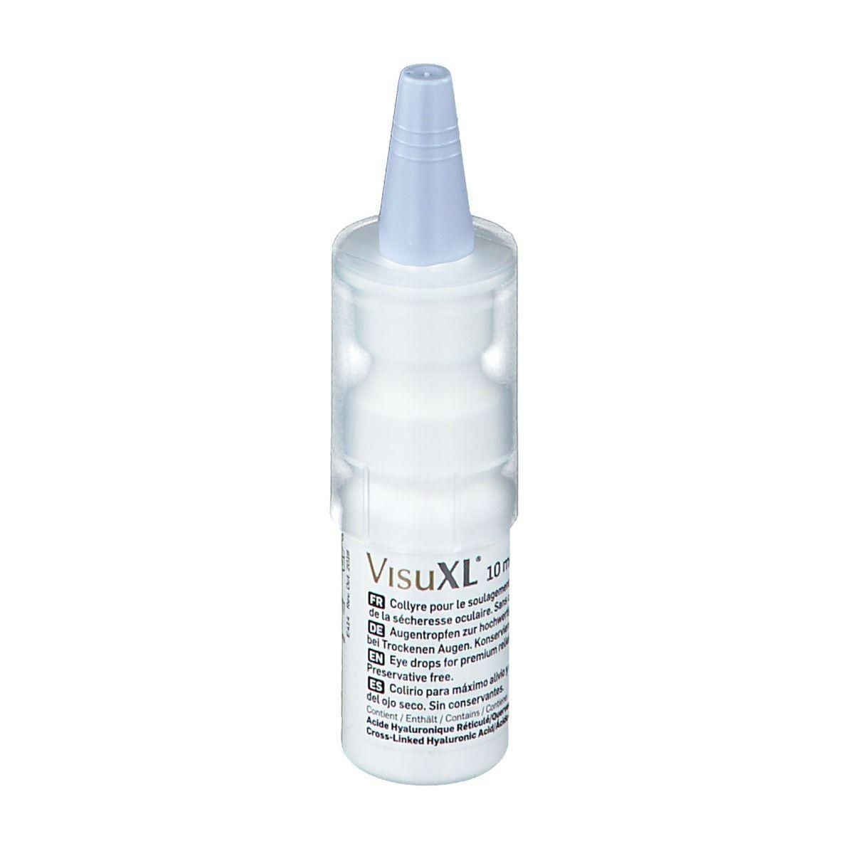 Weiße Flasche mit blauem Verschluss. Aufschrift VisuXL 10ml. Augen-Tropfen für trockene Augen. Ohne Konservierungsstoffe.