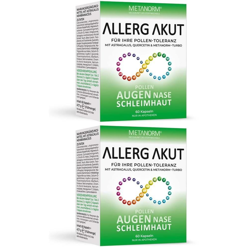 Zwei grüne Schachteln mit „ALLERG AKUT“ Schriftzug. Enthält 60 Kapseln. Aufschrift: Augen, Nase, Schleimhaut. Marke: METANORM.