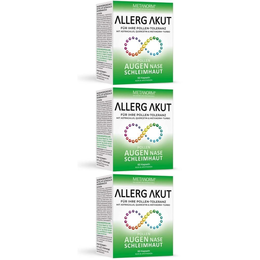 Drei grüne Schachteln mit der Aufschrift ALLERG AKUT. Aufschrift: Augen, Nase, Schleimhaut. Marke: METANORM.