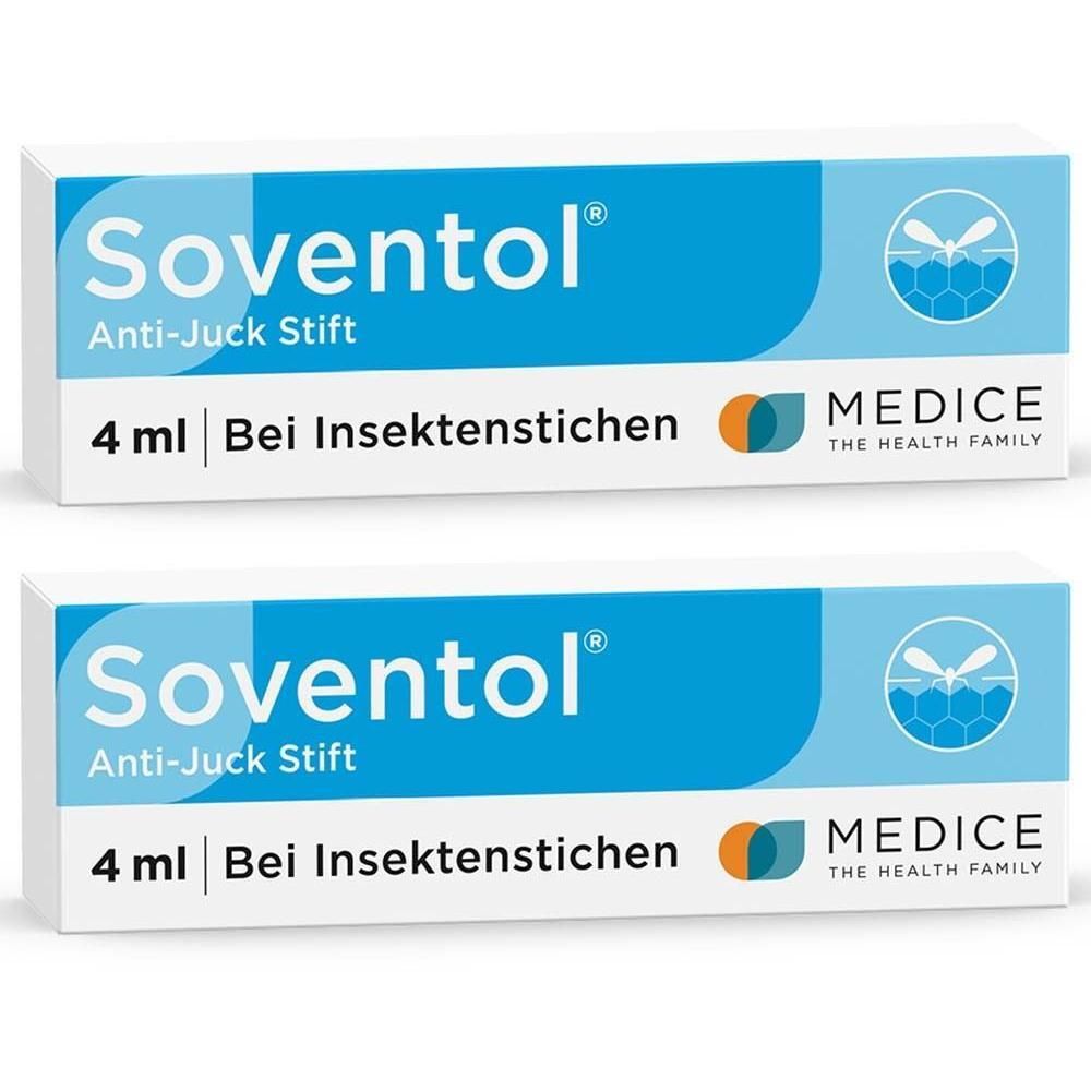 Zwei Packungen Soventol® Anti-Juck Stift. Blaue und weiße Verpackung mit Produktnamen, Logo und 4 ml Angabe.