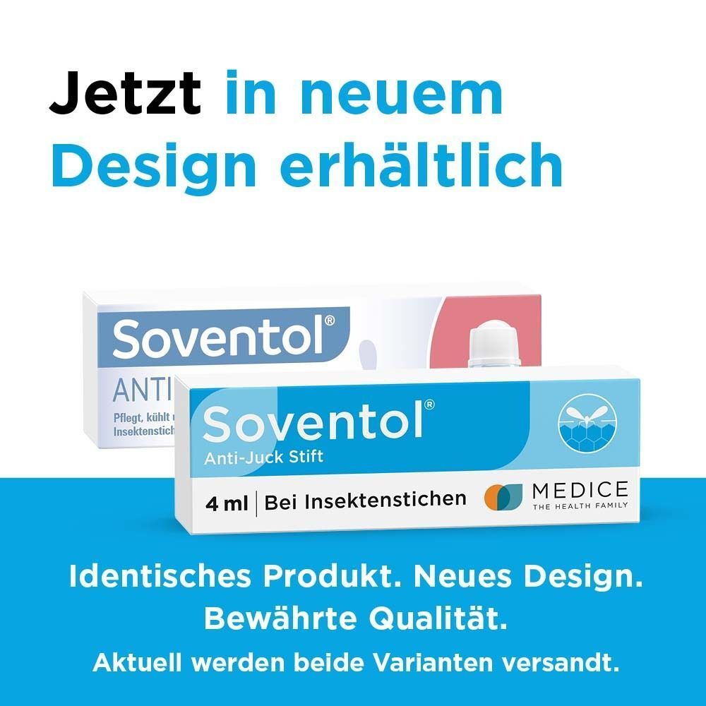 Werbung für Soventol® Anti-Juck Stift. Zeigt zwei Verpackungen und einen Stift. Text: Jetzt in neuem Design erhältlich.