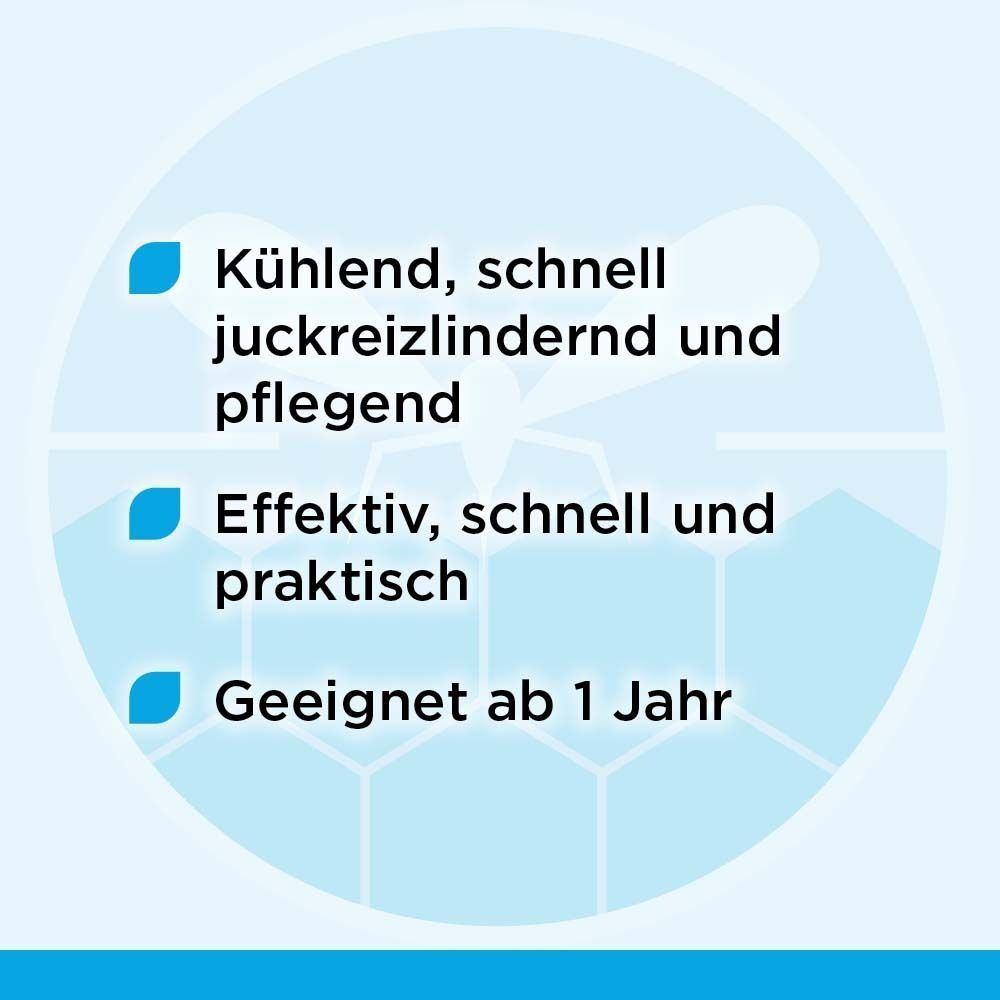Blauer Hintergrund mit Text: Kühlend, schnell juckreizlindernd und pflegend. Effektiv, schnell und praktisch. Geeignet ab 1 Jahr.