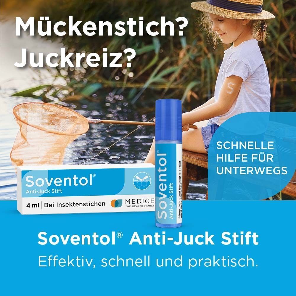 Kind am See mit Angel. Soventol® Anti-Juck Stift und Verpackung. Text: Schnelle Hilfe für unterwegs. Effektiv, schnell und praktisch.