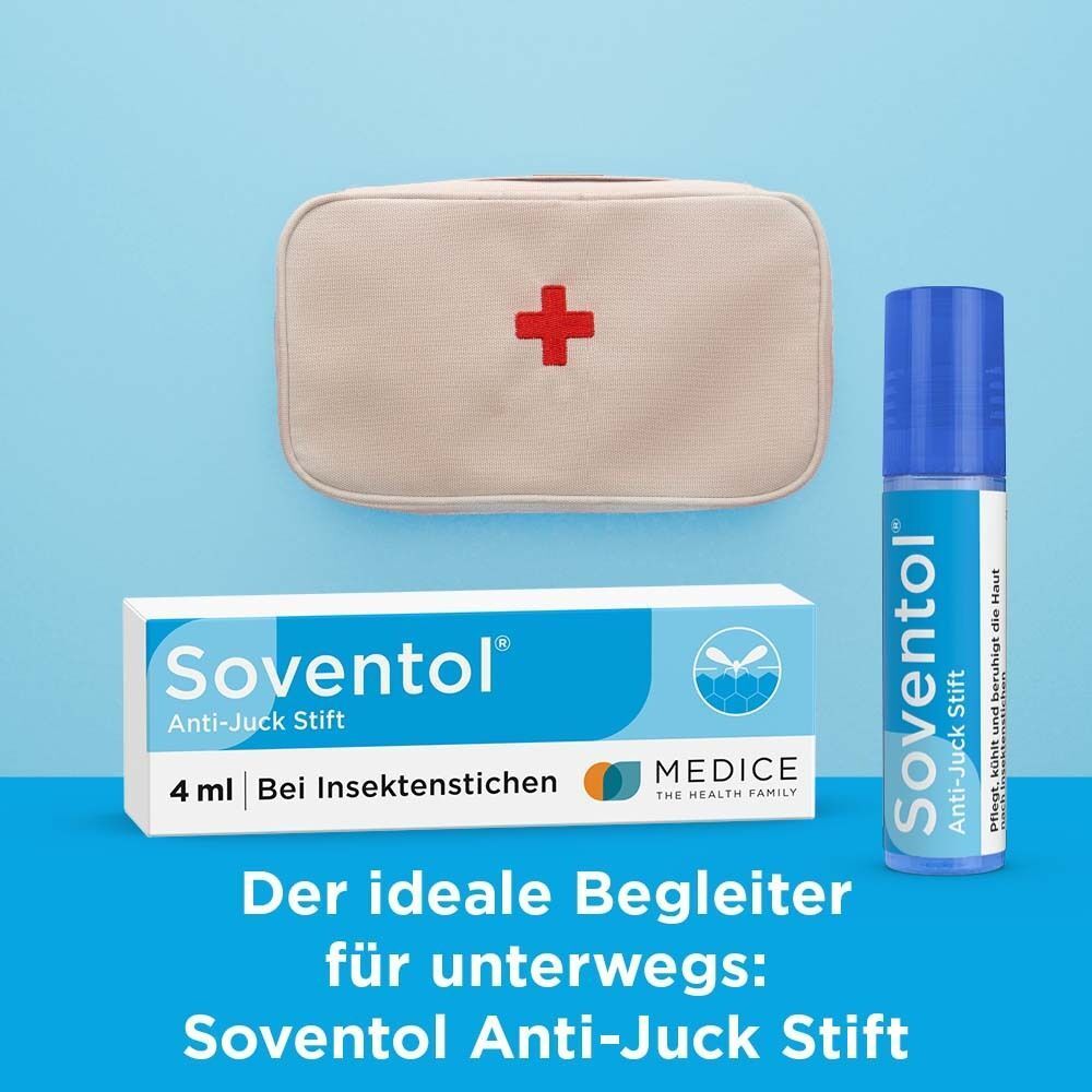 Erste-Hilfe-Tasche, blauer Soventol® Anti-Juck Stift und Verpackung. Text: Der ideale Begleiter für unterwegs.