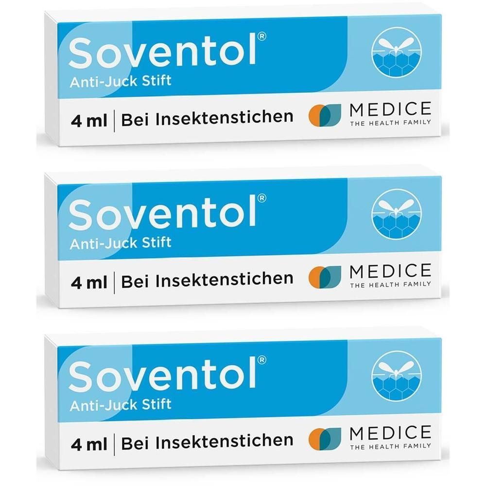 Drei Schachteln Soventol® Anti-Juck Stift. Blaue und weiße Verpackung mit Produktnamen, Logo und Text: 4 ml Bei Insektenstichen.