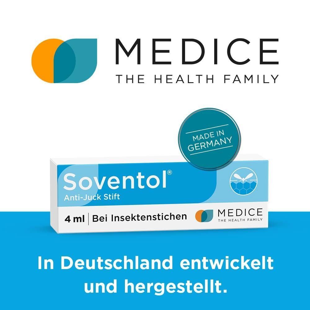 Soventol® Anti-Juck Stift Verpackung und Logo von MEDICE. Text: In Deutschland entwickelt und hergestellt.