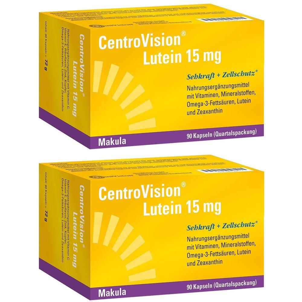 Zwei gelbe Schachteln mit der Aufschrift "CentroVision Lutein 15 mg". Text: Nahrungsergänzungsmittel mit Vitaminen, Mineralstoffen, Omega-3-Fettsäuren.