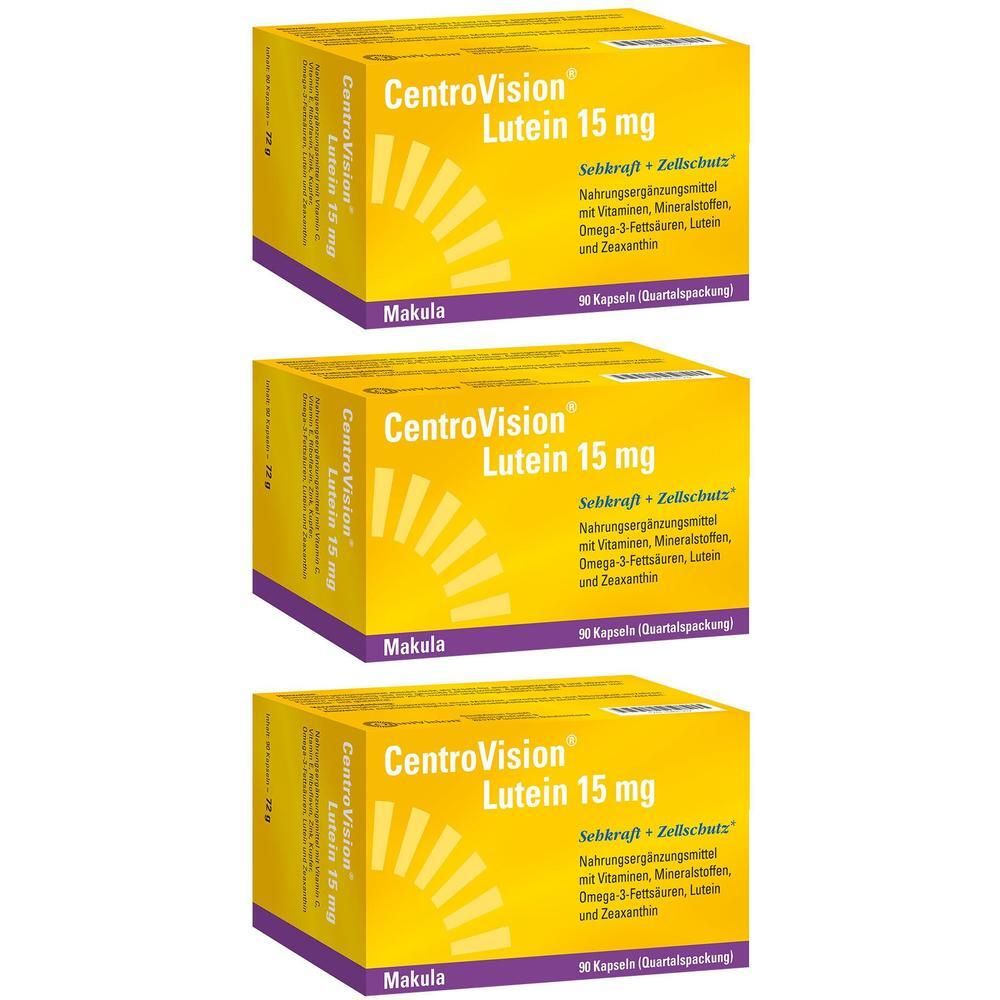Drei Schachteln CentroVision Lutein 15 mg. Gelbe Verpackung mit Produktnamen, Inhaltsstoffen und Logo. 30 Kapseln.