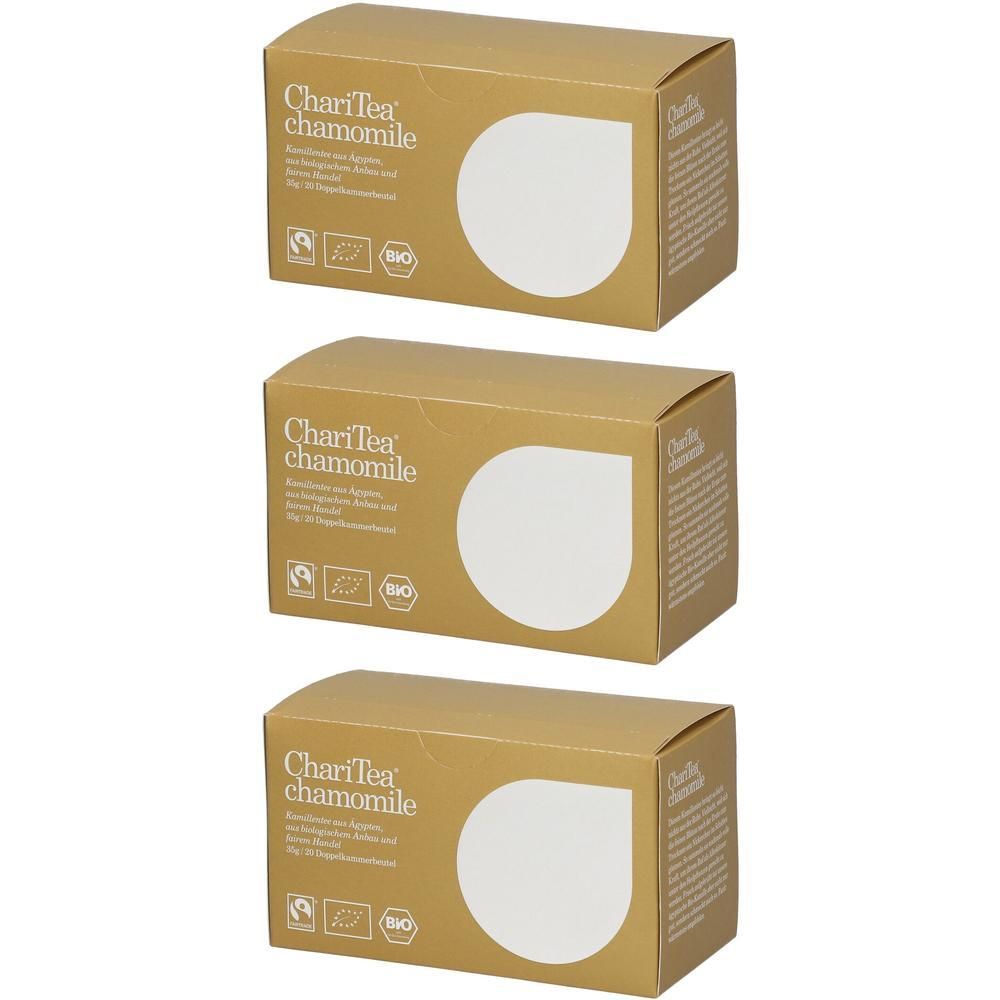 Drei Kartons ChariTea® Kamille. Goldfarbene Verpackung mit weißem Tropfen-Design. Text: ChariTea® Kamille, Bio-Siegel.
