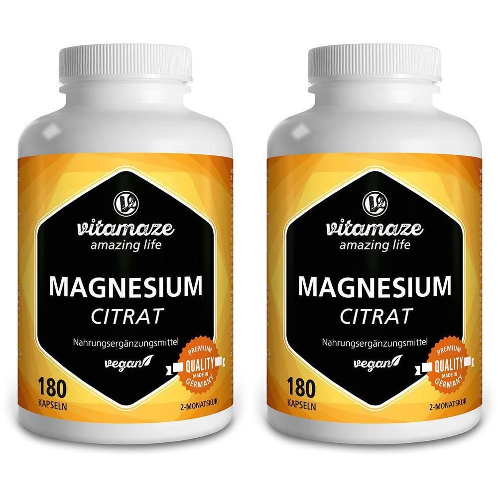 Zwei Flaschen Vitamaze Magnesiumcitrat. Schwarzes Etikett mit weißer Schrift. Enthält 180 Kapseln. Vegan. Premium Qualität.