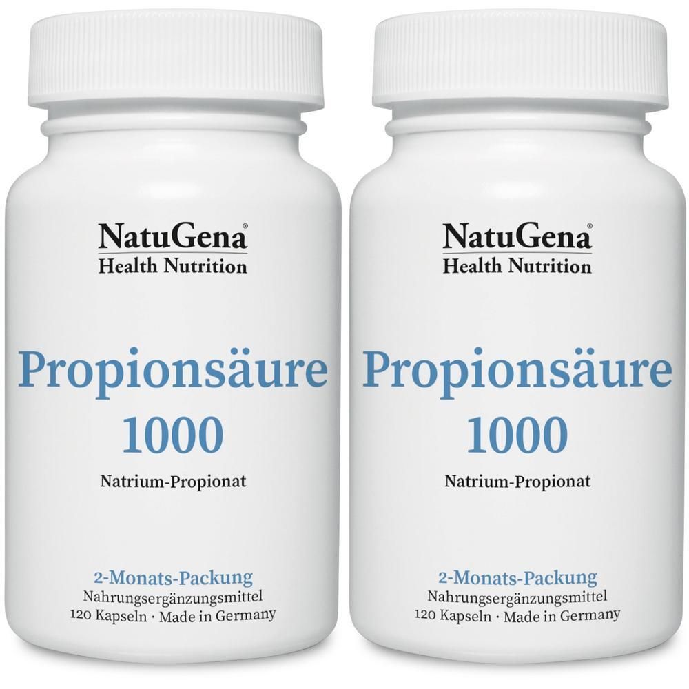Zwei weiße Flaschen NatuGena Propionsäure 1000. Aufschrift: Propionsäure 1000, Natrium-Propionat, 2-Monats-Packung, 120 Kapseln, Made in Germany.