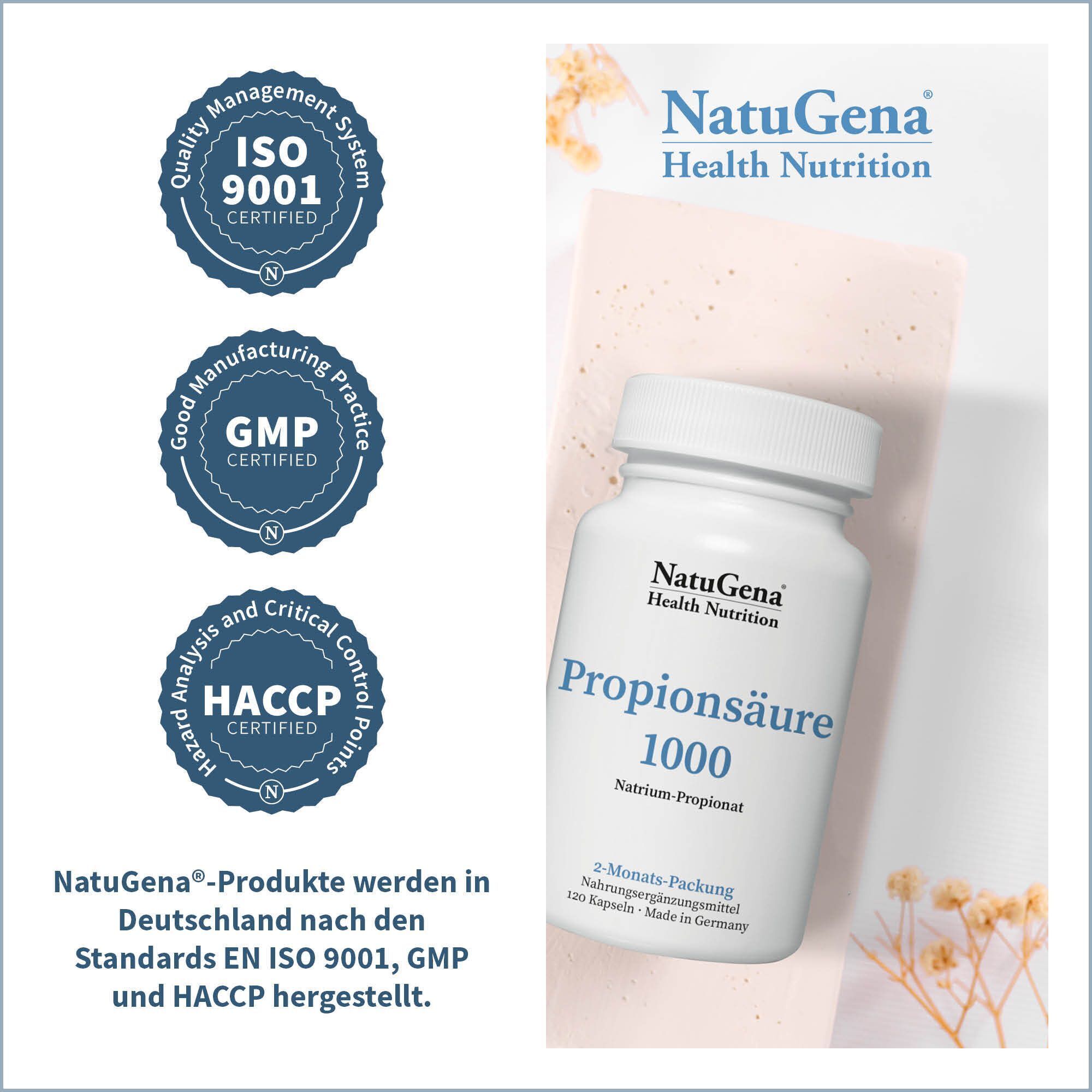 Flasche NatuGena Propionsäure 1000 neben Zertifizierungen: ISO 9001, GMP, HACCP. Text: NatuGena-Produkte werden in Deutschland nach den Standards EN ISO 9001, GMP und HACCP hergestellt.