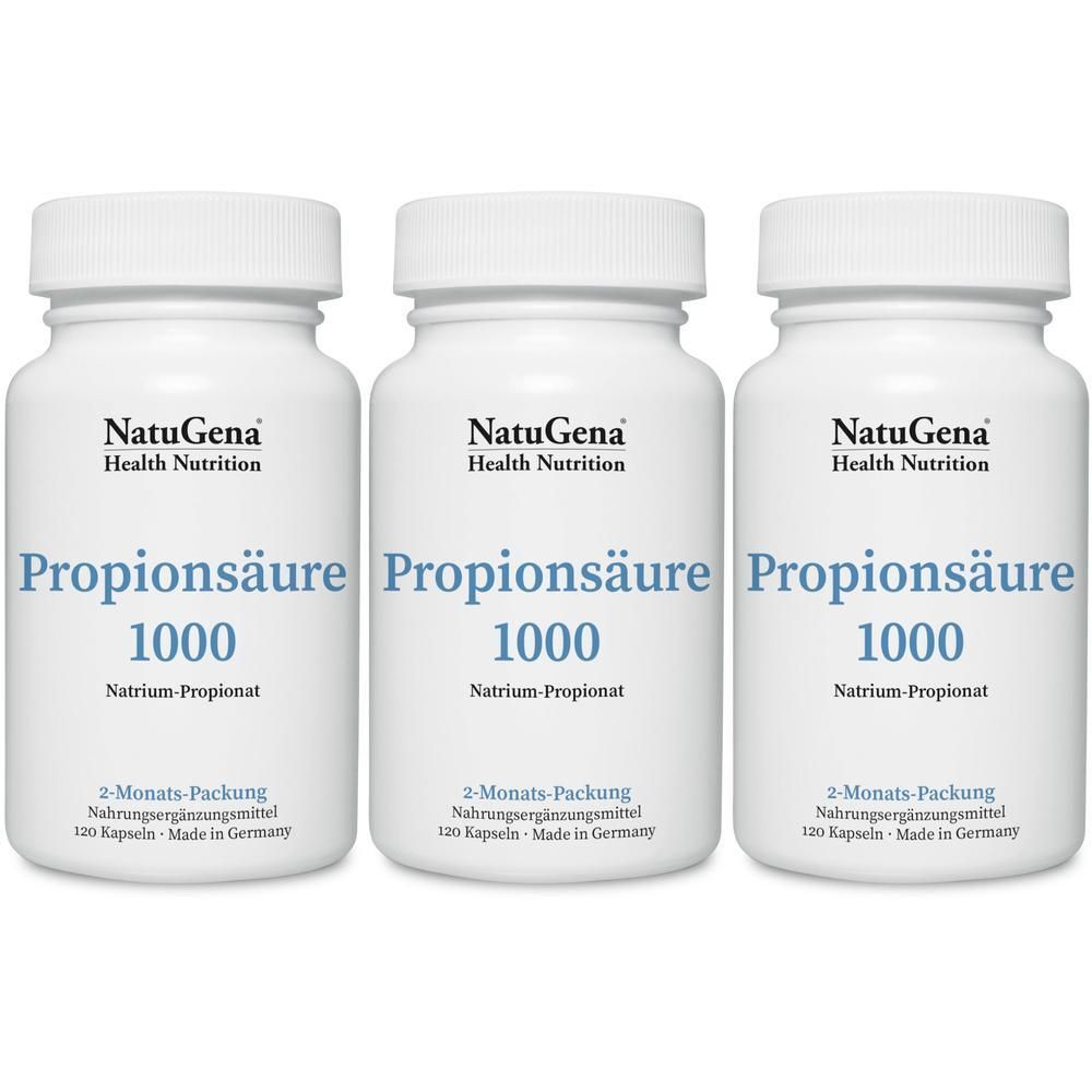 Drei weiße Flaschen NatuGena® Propionsäure 1000. Jede Flasche hat einen weißen Deckel und blaue Schrift. Aufschrift: Propionsäure 1000, 2-Monats-Packung.