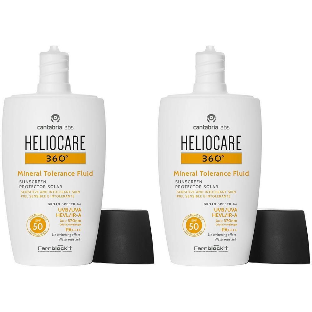 Zwei weiße Flaschen HELIOCARE® 360° Mineral Tolerance Fluid LSF 50 mit schwarzen Kappen.