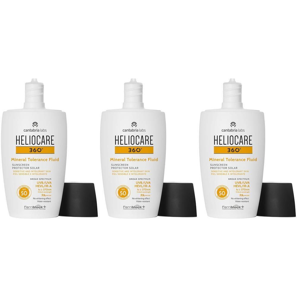 Drei weiße Flaschen mit schwarzem Deckel. Auf jeder Flasche steht „HELIOCARE 360“ und „Mineral Tolerance Fluid“.