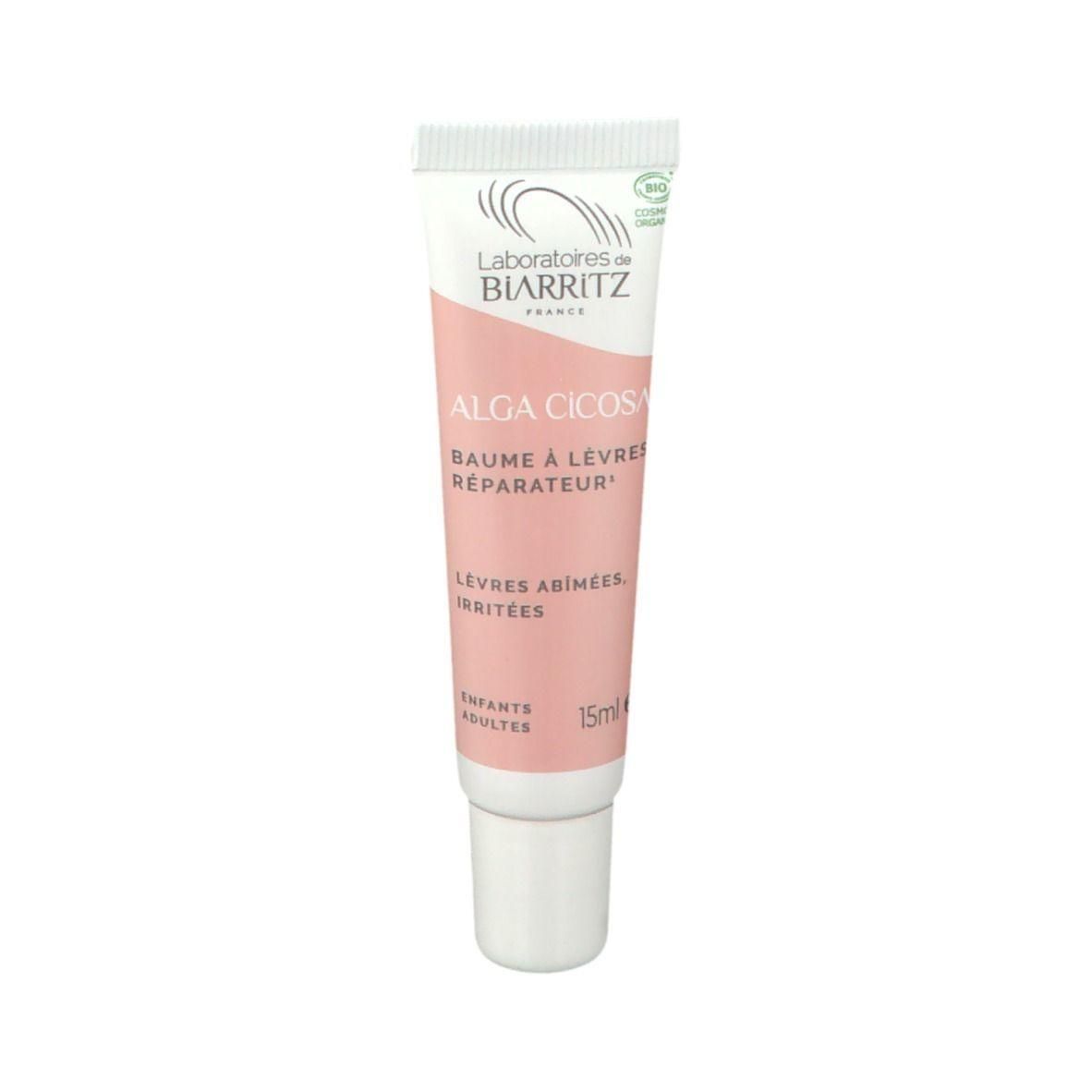 Tube Lippenbalsam. Weiß-rosa Farbgebung. Beschriftung: ALGA CICOSA, Baume à lèvres réparateur. Für Kinder und Erwachsene.