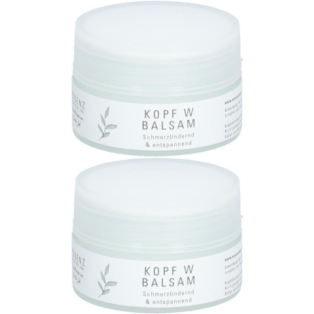 Zwei weiße Tiegel mit Etikett: KOPF W BALSAM, schmerzlindernd & entspannend.