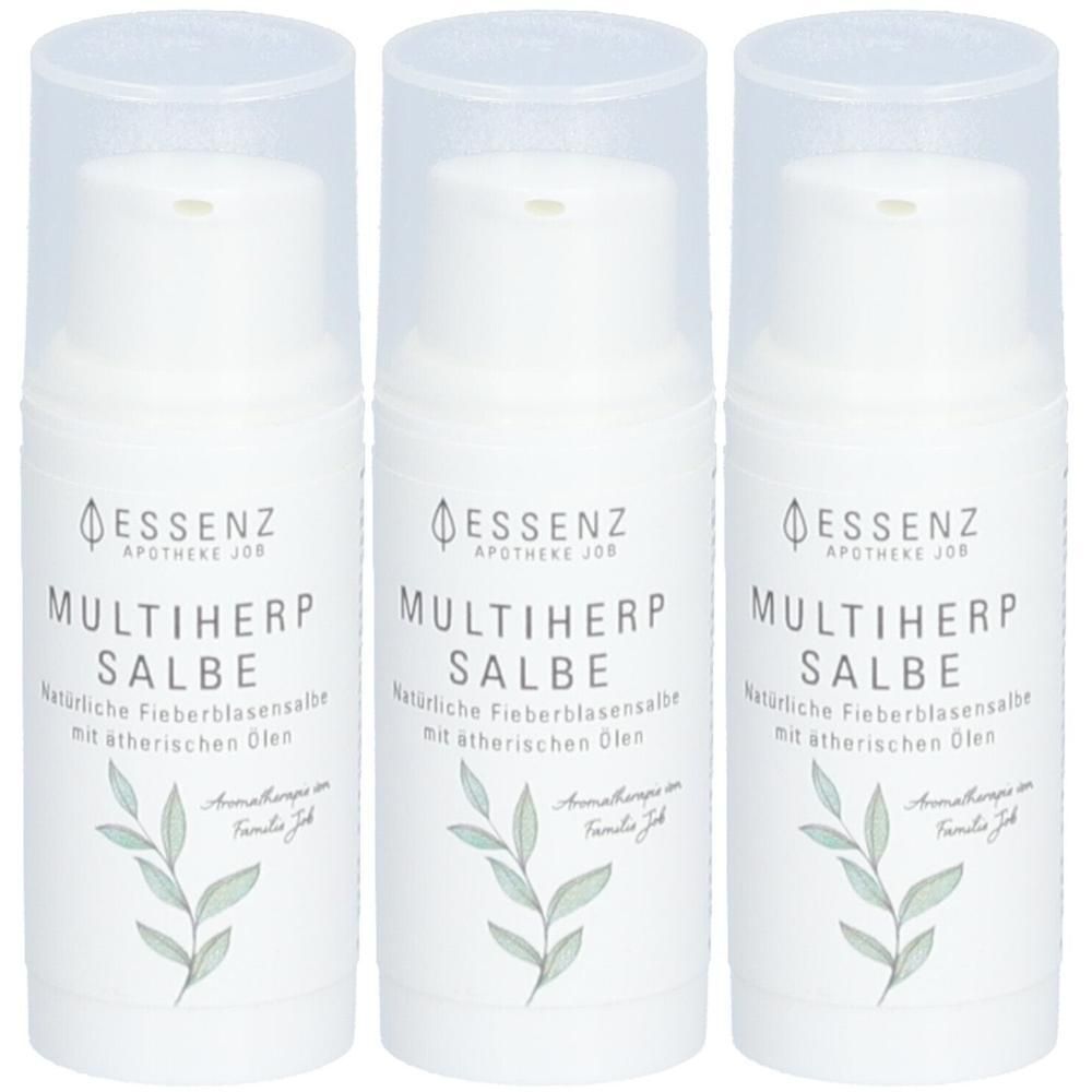 Drei weiße Flaschen mit transparenten Kappen. Auf jeder Flasche steht "ESSENZ APOTHEKE JOB MULTIHERP SALBE".