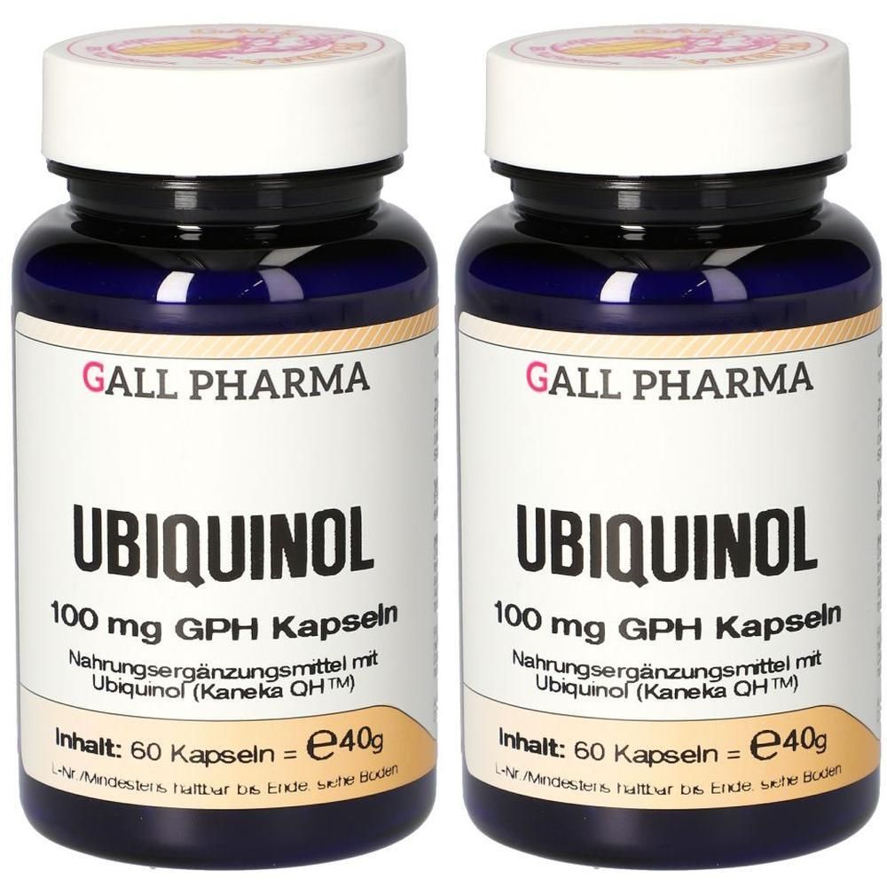 Zwei blaue Flaschen mit weißen Deckeln. Aufschrift: UBIQUINOL 100 mg GPH Kapseln. Inhalt: 60 Kapseln.
