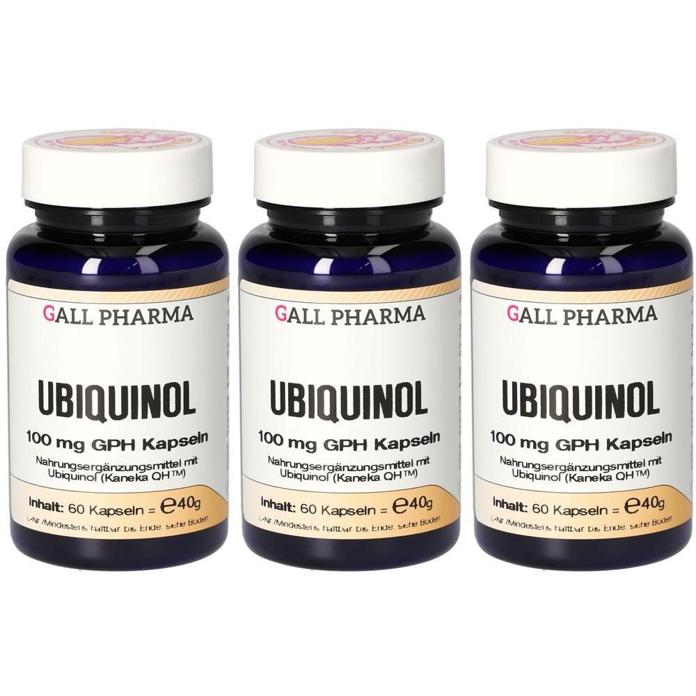 Eine dunkelblaue Flasche mit weißem Verschluss, die Ubiquinol 100 mg GPH Kapseln enthält.