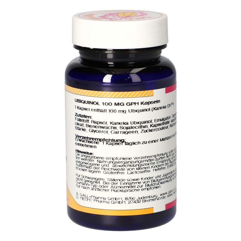 Rückansicht einer Flasche mit Kapseln. Aufschrift: UBIQUINOL 100 mg GPH Kapseln. Zutatenliste. Weiße Schrift auf blauem Hintergrund.