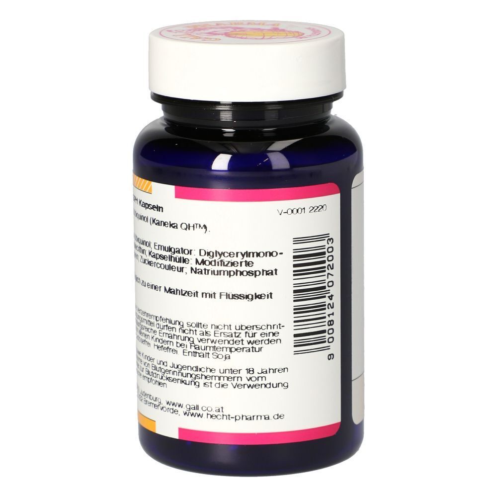 Rückansicht einer Flasche mit Kapseln. Aufschrift: UBIQUINOL 100 mg GPH Kapseln. Barcode und weitere Informationen. Blaues Flaschendesign.