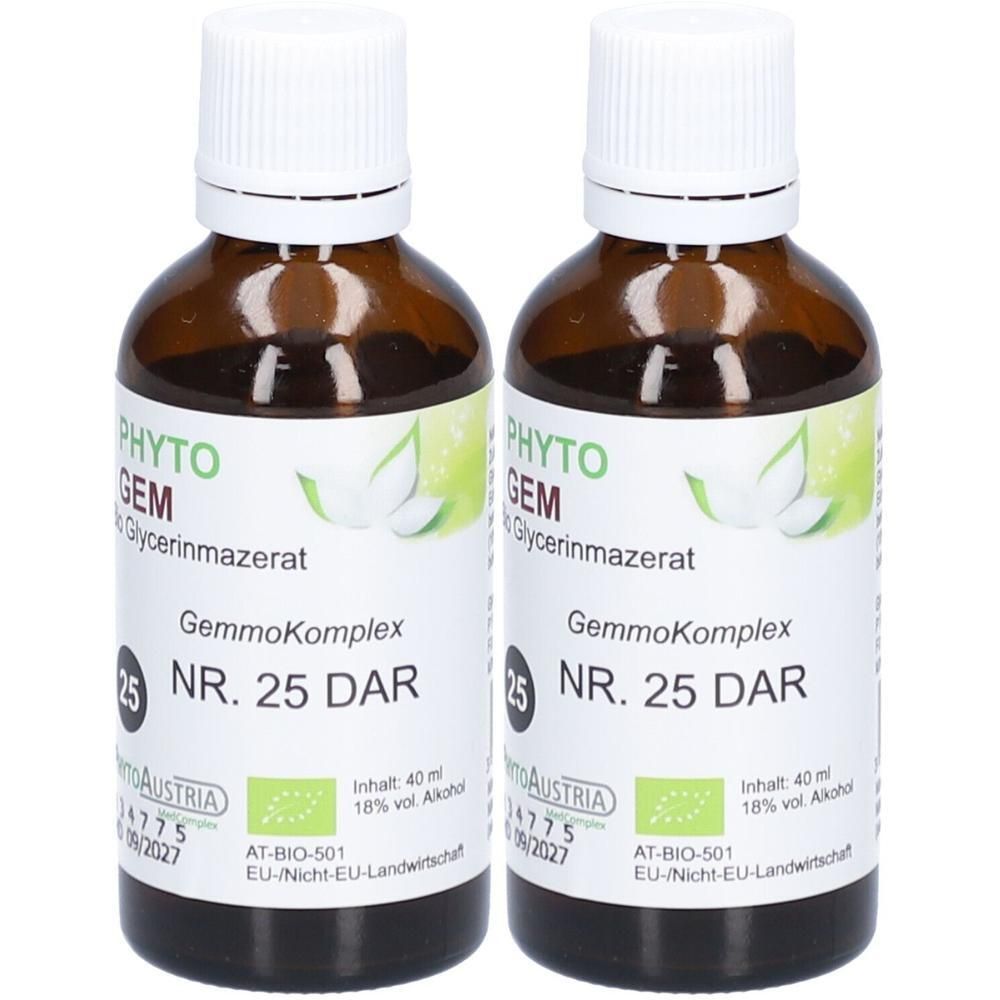 Zwei braune Glasflaschen mit weißen Deckeln. Auf den Etiketten steht "PHYTO GEM", "GemmoKomplex NR. 25 DAR" und "AT-BIO-501".