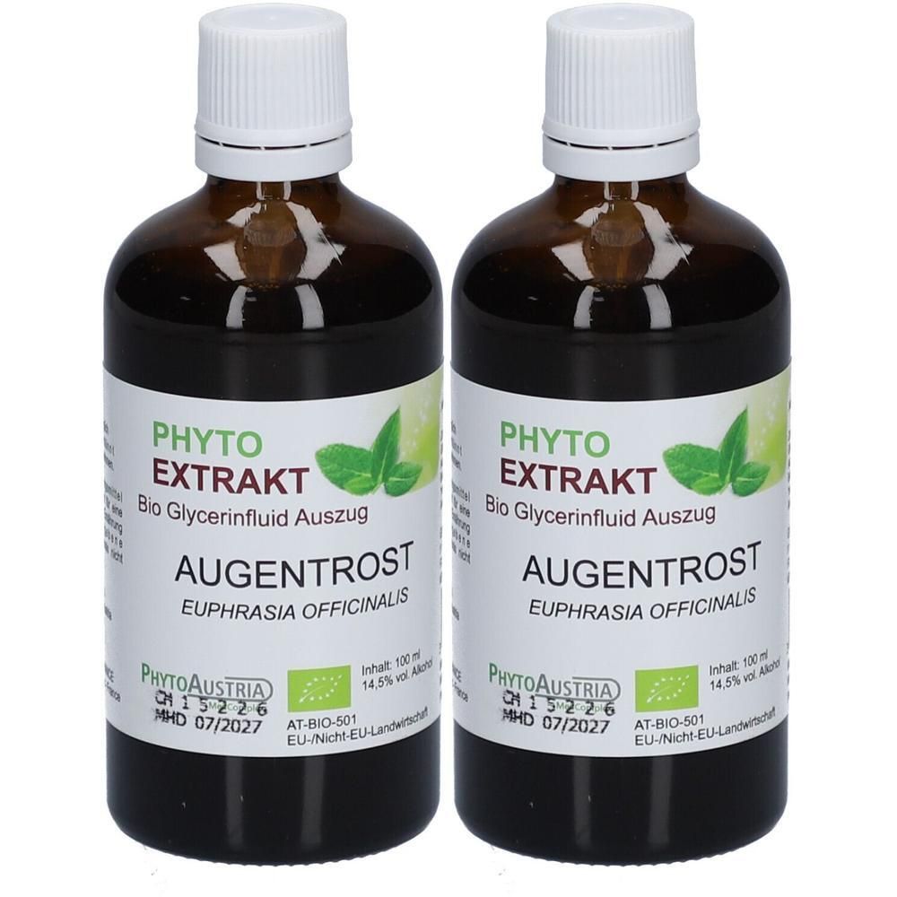 Zwei braune Glasflaschen mit weißem Deckel und Etikett. Aufschrift: PHYTO EXTRAKT AUGENTROST. Mit Bio-Siegel. MHD 07/2027.