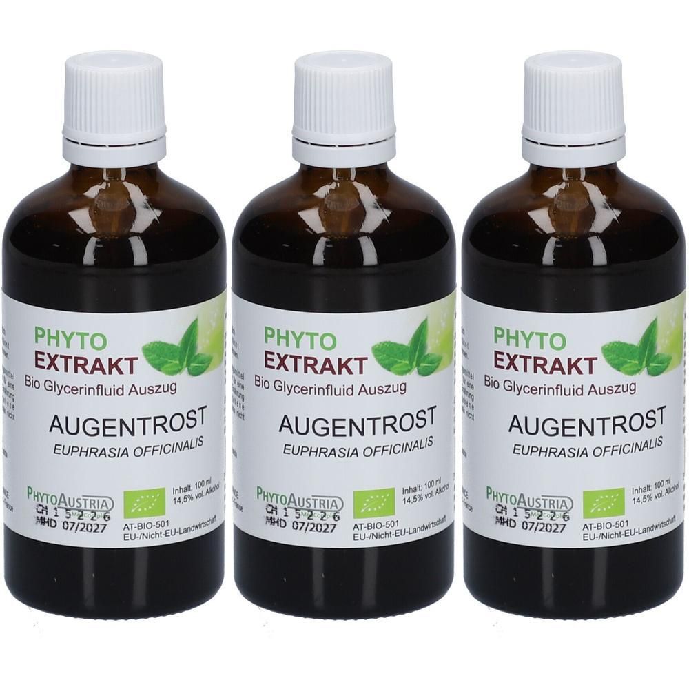 Drei braune Glasflaschen mit weißem Deckel. Aufschrift: PHYTO EXTRAKT AUGENTROST. Mit Bio-Siegel. MHD 07/2027.