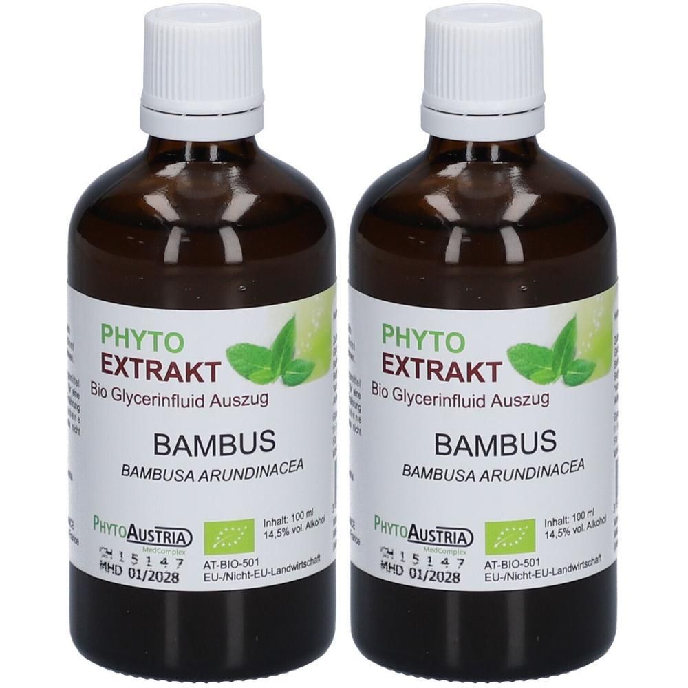 Zwei braune Glasflaschen mit weißem Deckel und Etikett. Aufschrift: PHYTO EXTRAKT BAMBUS. Bio-Zertifizierung. MHD 01/2028.
