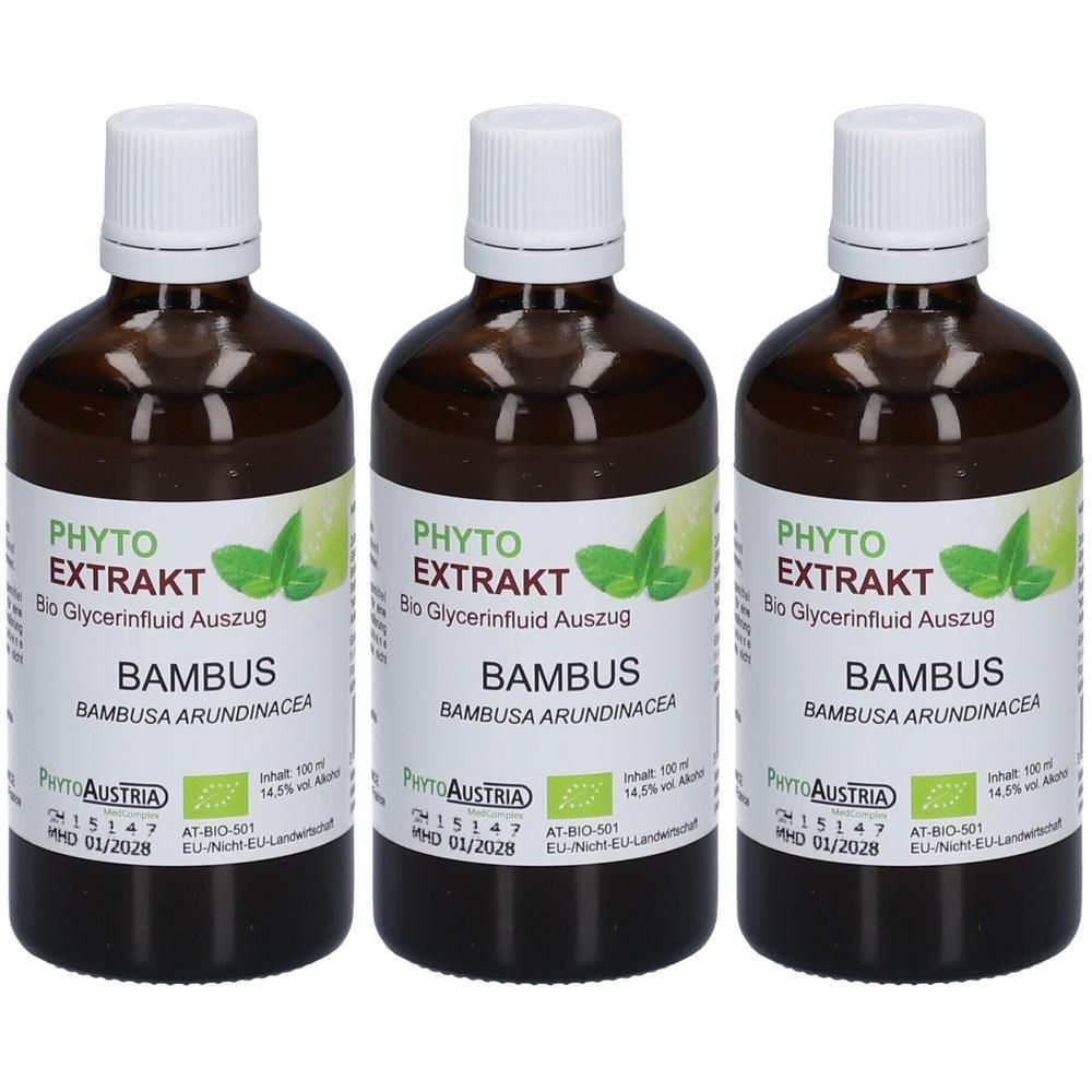 Drei braune Glasflaschen mit weißem Deckel und Etikett. Aufschrift: Phyto Extrakt Bambus. Bio-Zertifizierung.
