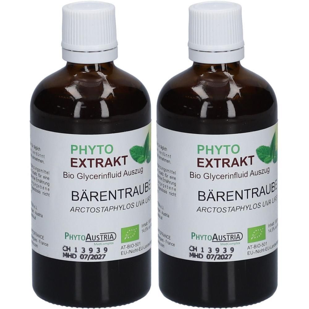 Zwei braune Glasflaschen mit weißem Verschluss. Auf den Etiketten steht "PHYTO EXTRAKT BÄRENTRAUBE". Das Produkt trägt das Bio-Siegel.