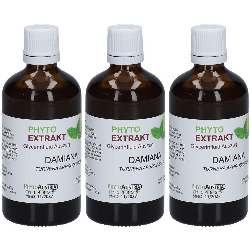 Drei braune Glasflaschen mit weißem Deckel. Aufschrift: PHYTO EXTRAKT DAMIANA. MHD 11/2027. Mit Logo.