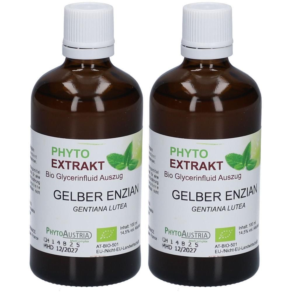 Zwei braune Glasflaschen mit weißen Etiketten. Aufschrift: PHYTO EXTRAKT GELBER ENZIAN. Mit Bio-Siegel. Weiße Deckel.