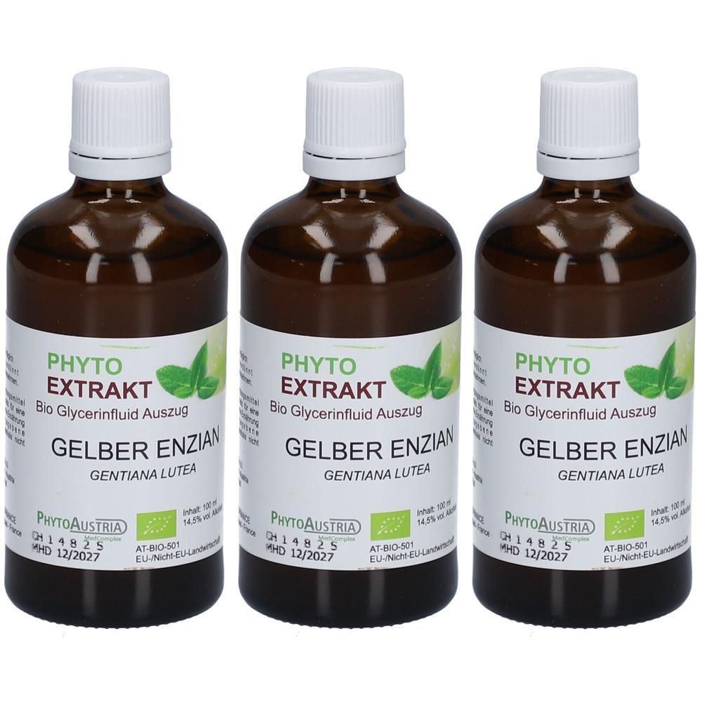 Drei braune Glasflaschen mit weißen Verschlüssen. Etiketten mit Text: PHYTO EXTRAKT GELBER ENZIAN. Bio Glycerinfluid Auszug. Zertifizierung.