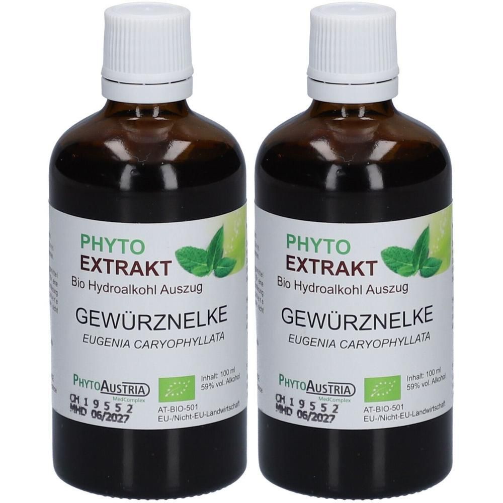 Zwei braune Glasflaschen mit weißem Deckel und Etikett. Aufschrift: PHYTO EXTRAKT, Gewürznelke. Bio-Zertifizierung und MHD 06/2027.