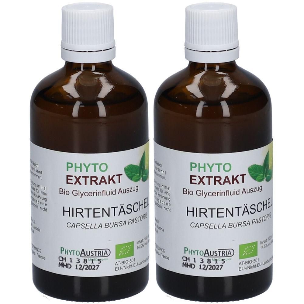 Zwei braune Glasflaschen mit weißen Verschlüssen. Etiketten mit grüner Schrift: PHYTO EXTRAKT HIRTENTÄSCHE. Bio-Zertifizierung und MHD 12/2027.