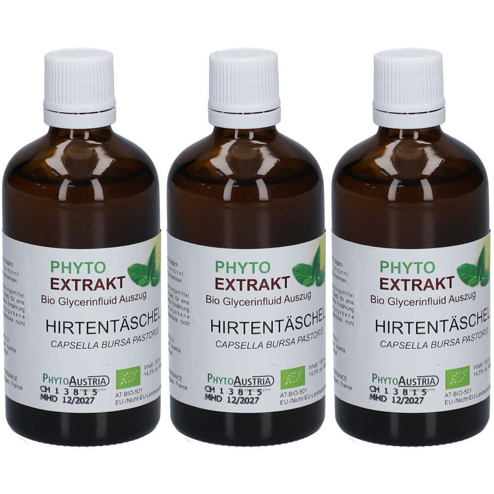 Drei braune Glasflaschen mit weißem Deckel und Etikett. Aufschrift: PHYTO EXTRAKT HIRTENTÄSCHEL. BIO. Mit Bio-Siegel.