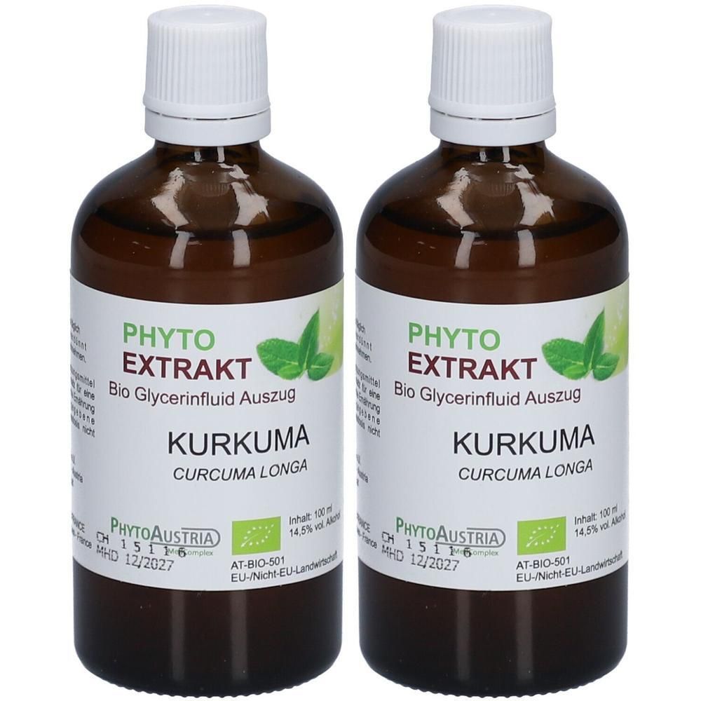Zwei braune Glasflaschen mit weißem Etikett. Aufschrift: PHYTO EXTRAKT KURKUMA. Bio-Zertifizierung und Mindesthaltbarkeitsdatum.