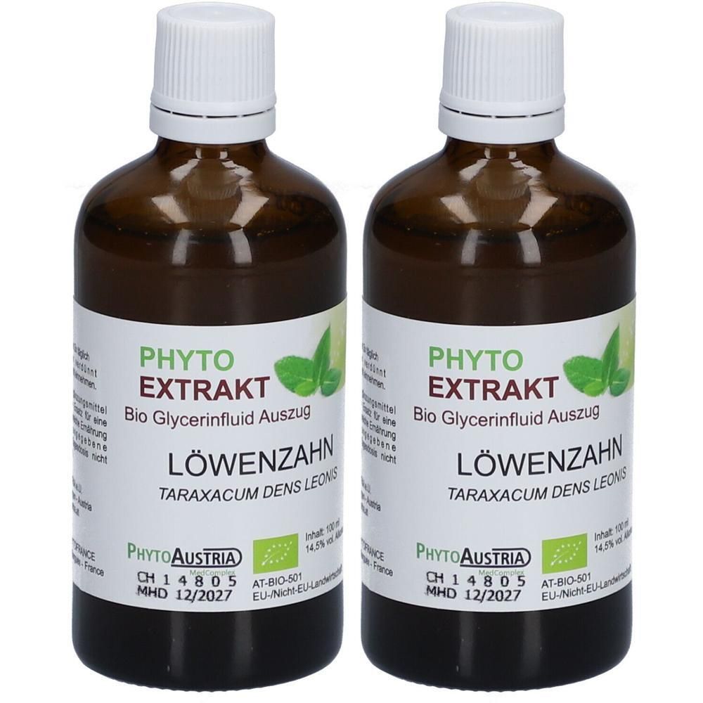 Zwei braune Glasflaschen mit weißem Etikett. Aufschrift: PHYTO EXTRAKT LÖWENZAHN. Bio-Zertifizierung. Weiße Kappe.