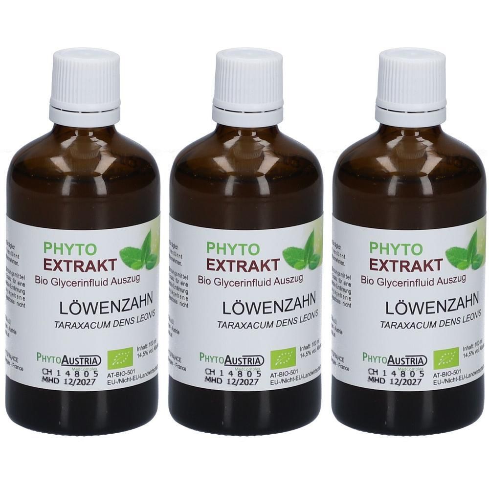 Drei braune Glasflaschen mit weißem Deckel und Etikett. Aufschrift: PHYTO EXTRAKT Löwenzahn. Bio-Zertifizierung.
