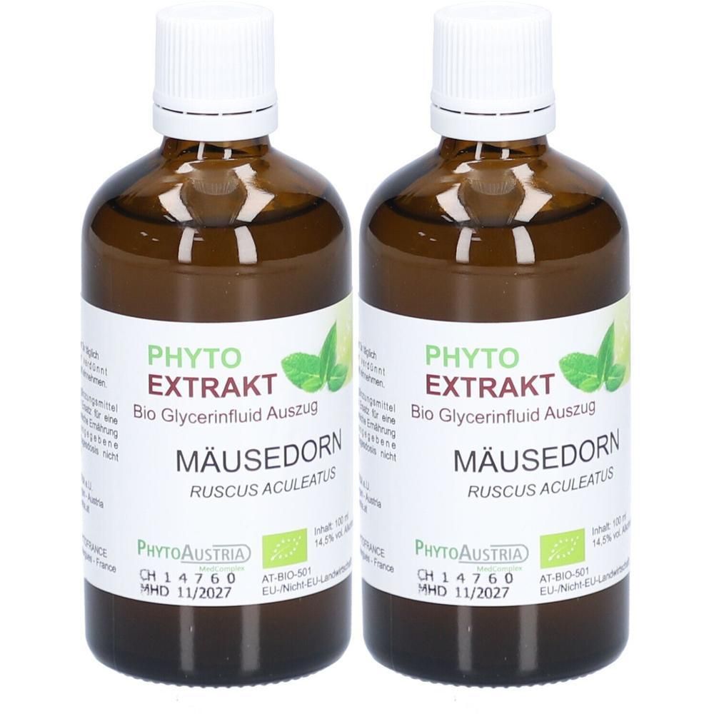 Zwei braune Glasflaschen mit weißen Deckeln und Etiketten. Auf den Etiketten steht "PHYTO EXTRAKT MÄUSEDORN". Bio-Zertifizierung.
