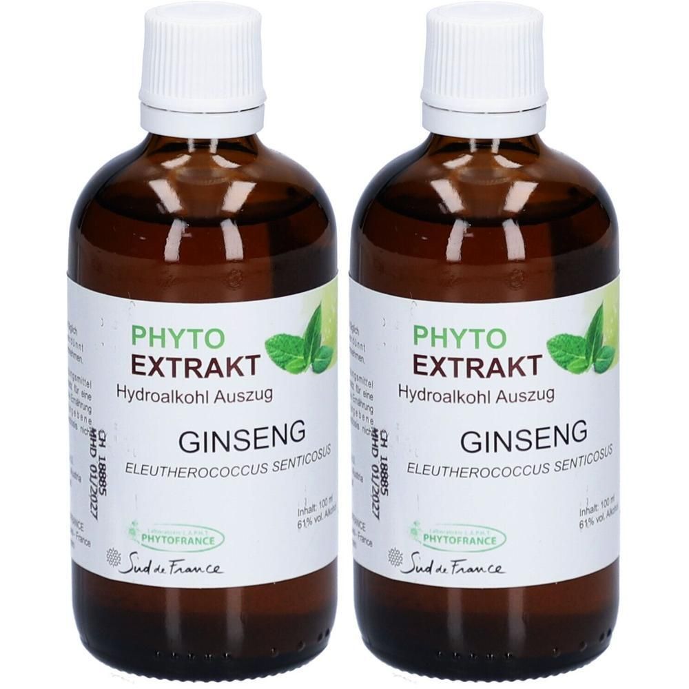 Zwei braune Glasflaschen mit weißem Deckel und Etikett. Aufschrift: PHYTO EXTRAKT GINSENG. MHD 01/2027. Marke: PHYTOFRANCE.