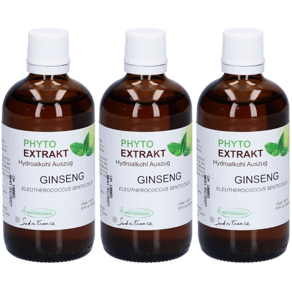 Drei braune Glasflaschen mit weißen Verschlüssen und Etiketten. Auf den Etiketten steht "PHYTO EXTRAKT GINSENG".