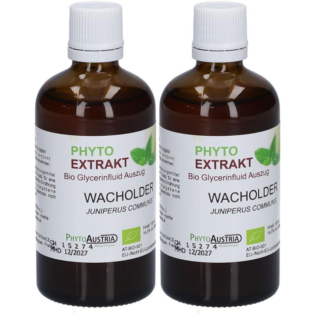 Zwei braune Glasflaschen mit weißem Deckel und Etikett. Aufschrift: PHYTO EXTRAKT WACHOLDER. Bio-Zertifizierung. MHD 12/2027.