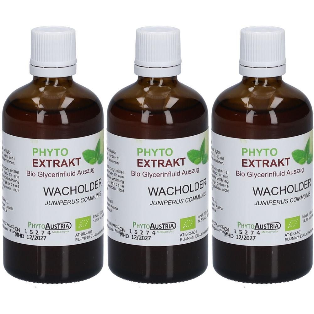 Drei braune Glasflaschen mit weißen Deckeln und Etiketten. Aufschrift: PHYTO EXTRAKT WACHOLDER. Bio-Zertifizierung.